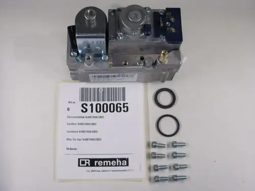 Gasmagnetventil von Remeha in Silber mit Zubehörteilen, einschließlich Dichtungen und Schrauben, auf hellem Untergrund platziert.